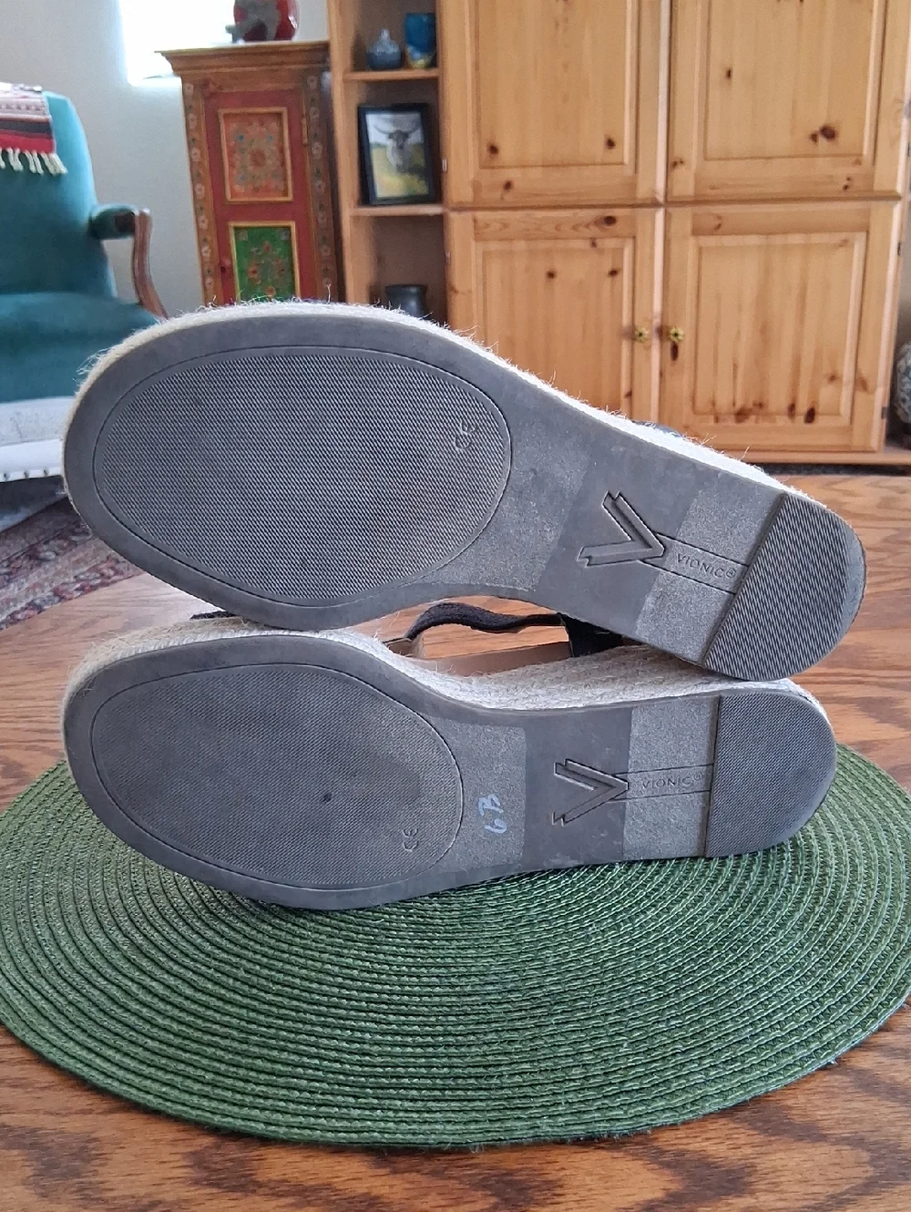 Vionic Calera Navy Blue Leather Stretch Fabric Espadrille Wedge Sandals Size 11